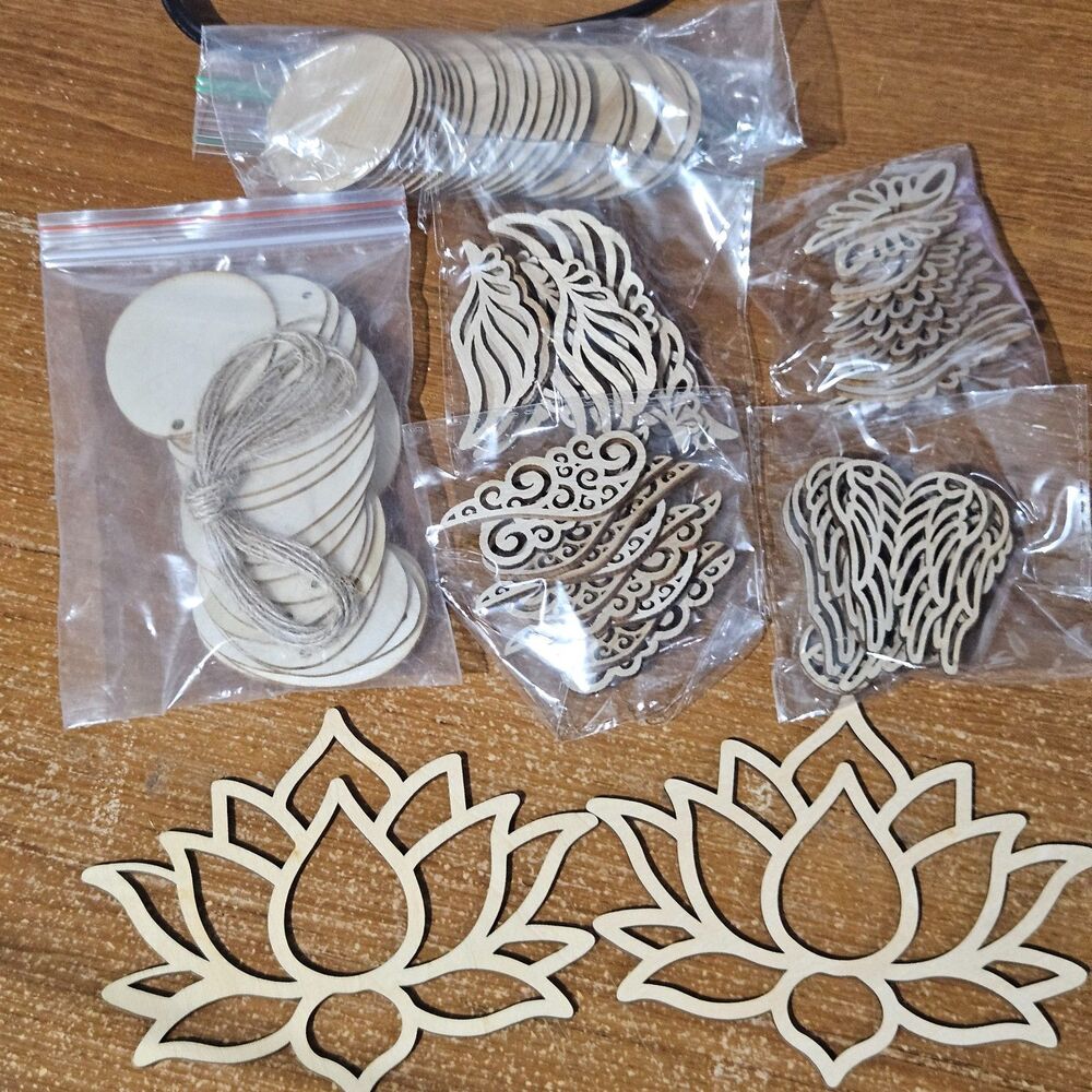 Balsa Wood Craft Cutout Lot - Assorted Angel Wings, Flowers, Eggs, and Discs